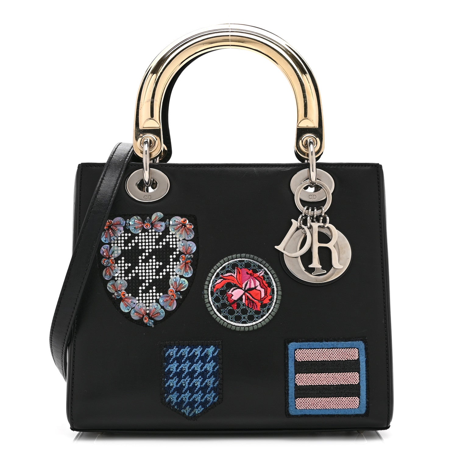 Dior Smooth Calfskin Embroidered Beaded Floral Medium Lady Dior Black