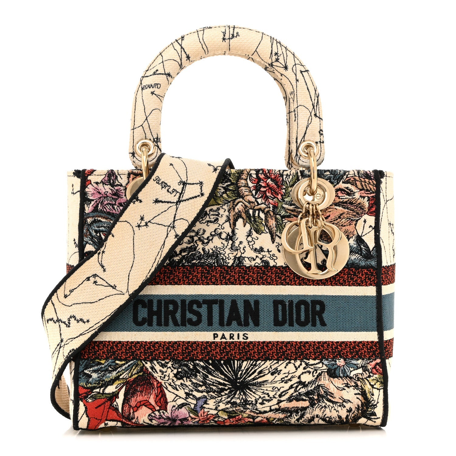Dior Canvas Constellation Embroidered Medium Lady D-Lite Latte Multicolor