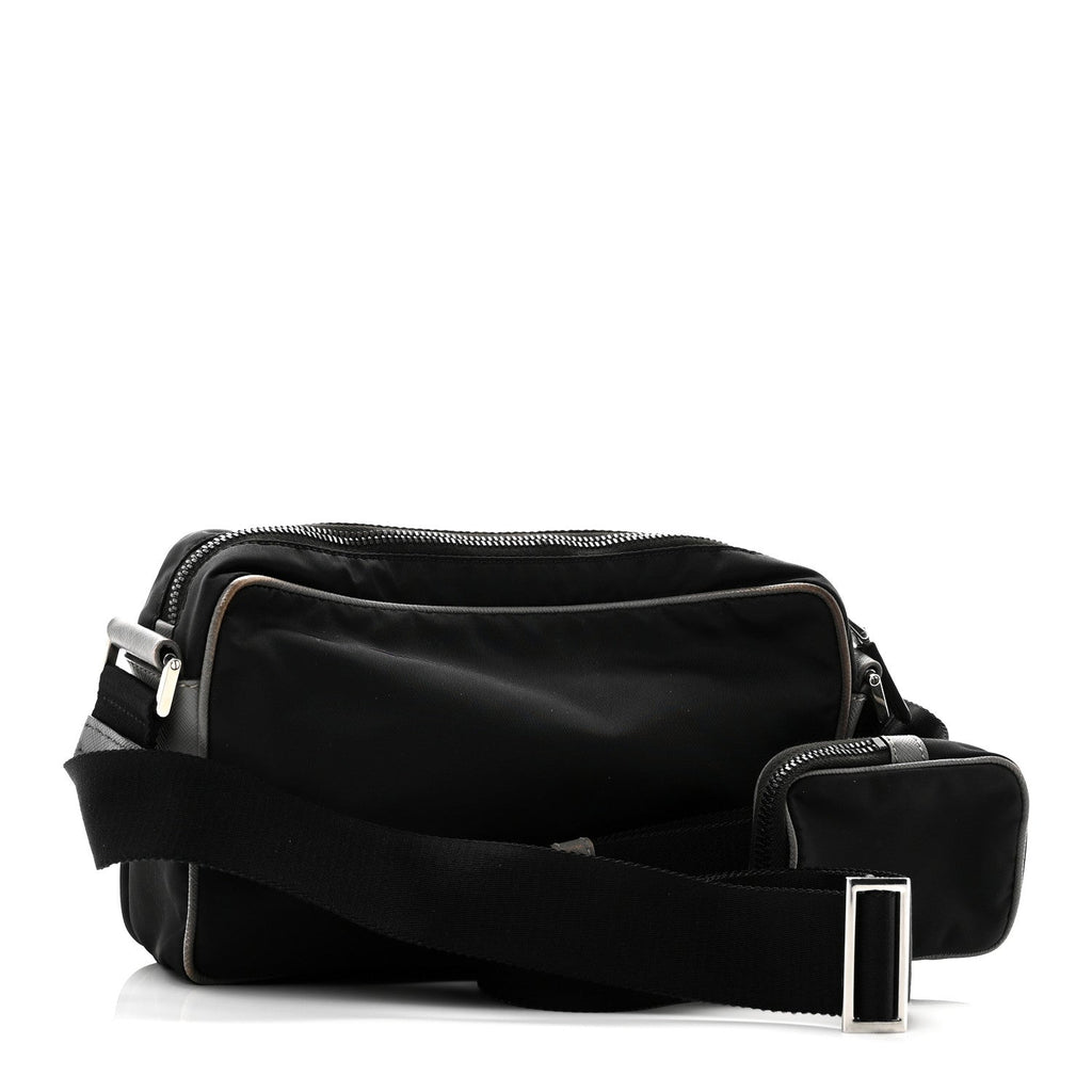 Prada Tessuto Nylon Saffiano Pocket Single Snap Buckle Messenger Flap Bag Black Bleuette Marmo