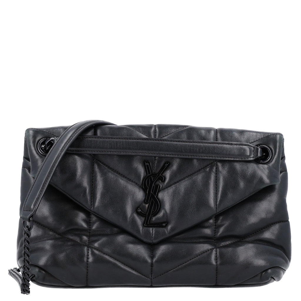 Saint Laurent Lambskin Quilted Monogram Monochrome Small Loulou Puffer Chain Satchel Black