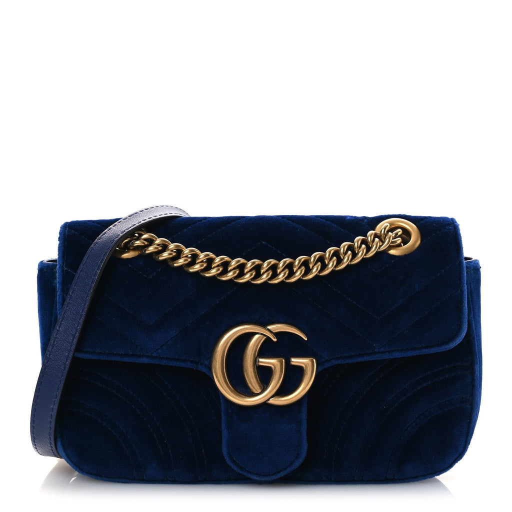 Gucci Velvet Matelasse Mini GG Marmont Shoulder Bag Cobalt Blue