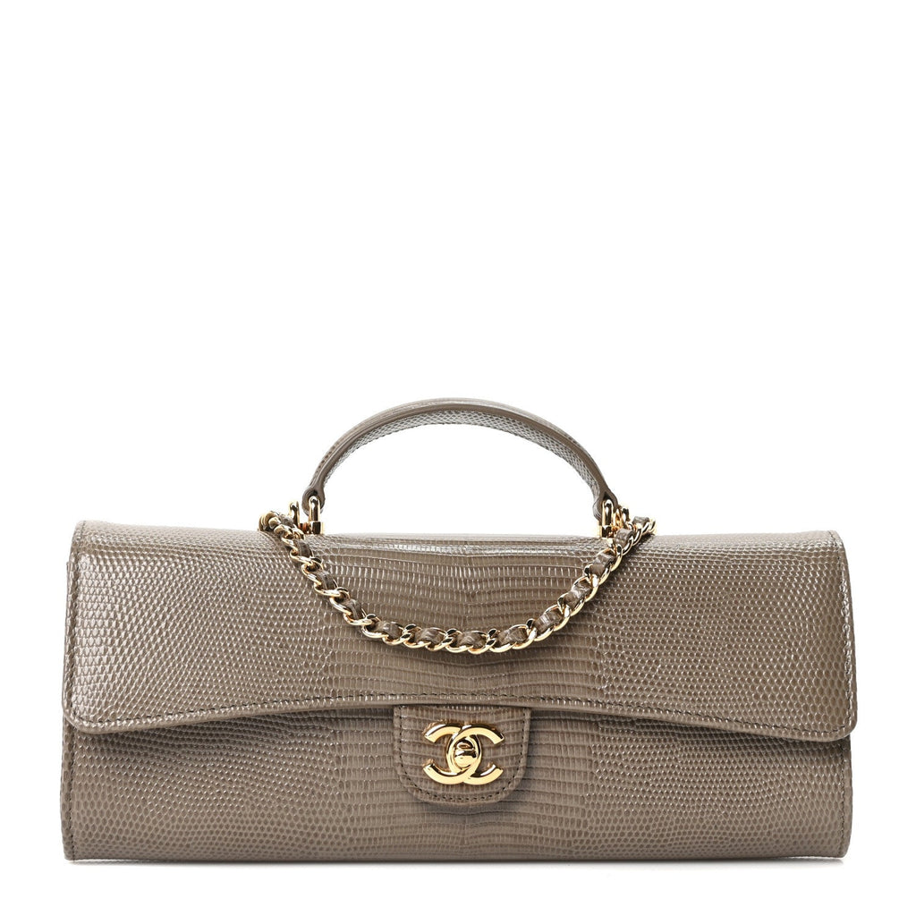 Chanel Calfskin Lizard Embossed Top Handle Long Clutch With Chain Dark Khaki