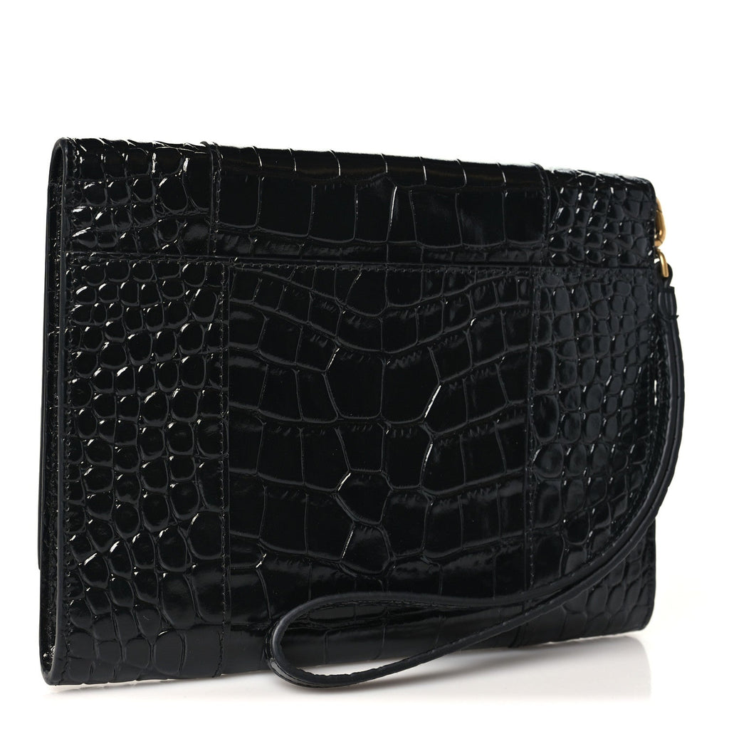 Balenciaga Shiny Calfskin Crocodile Embossed Hourglass Gusset Pouch Black
