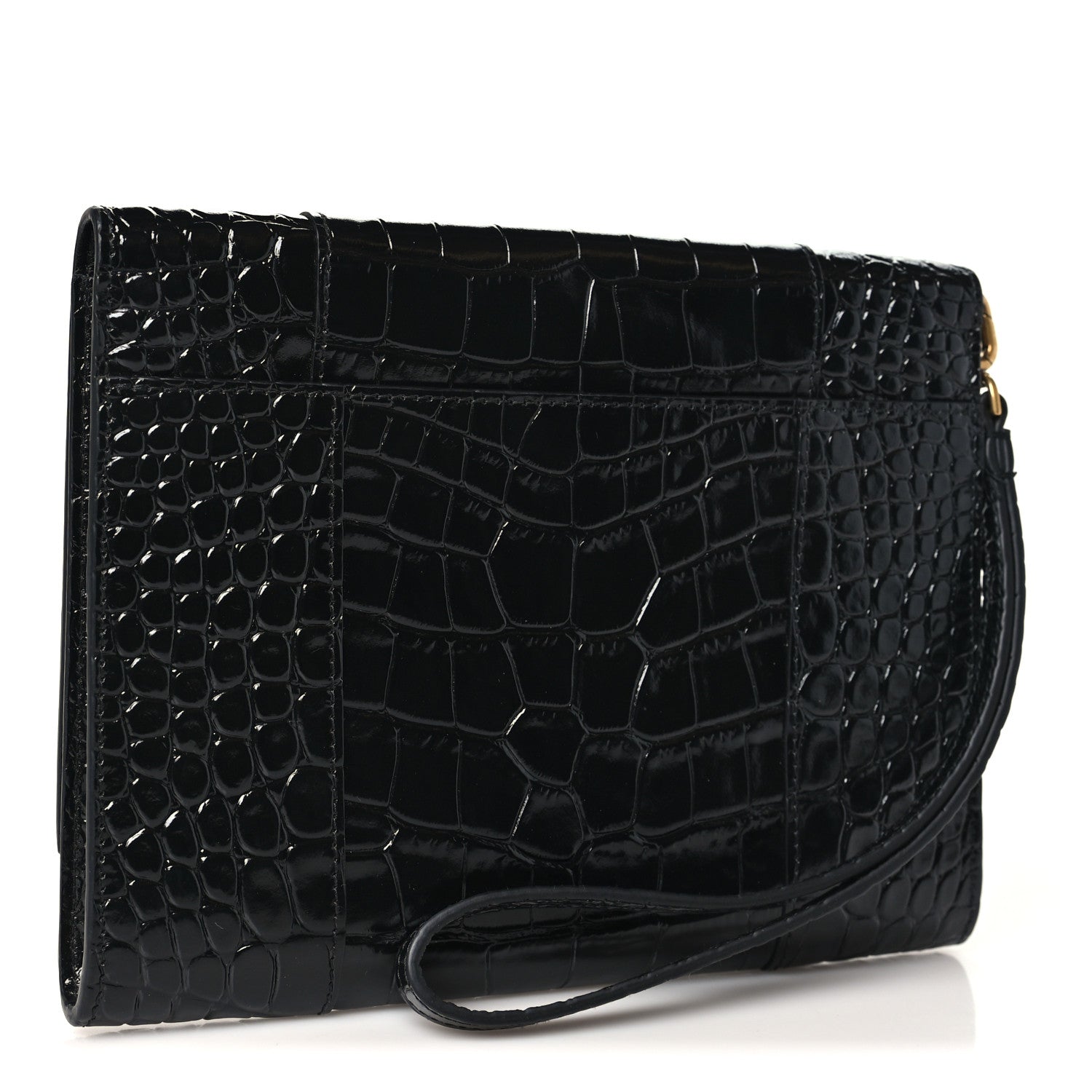 Balenciaga Shiny Calfskin Crocodile Embossed Hourglass Gusset Pouch Black