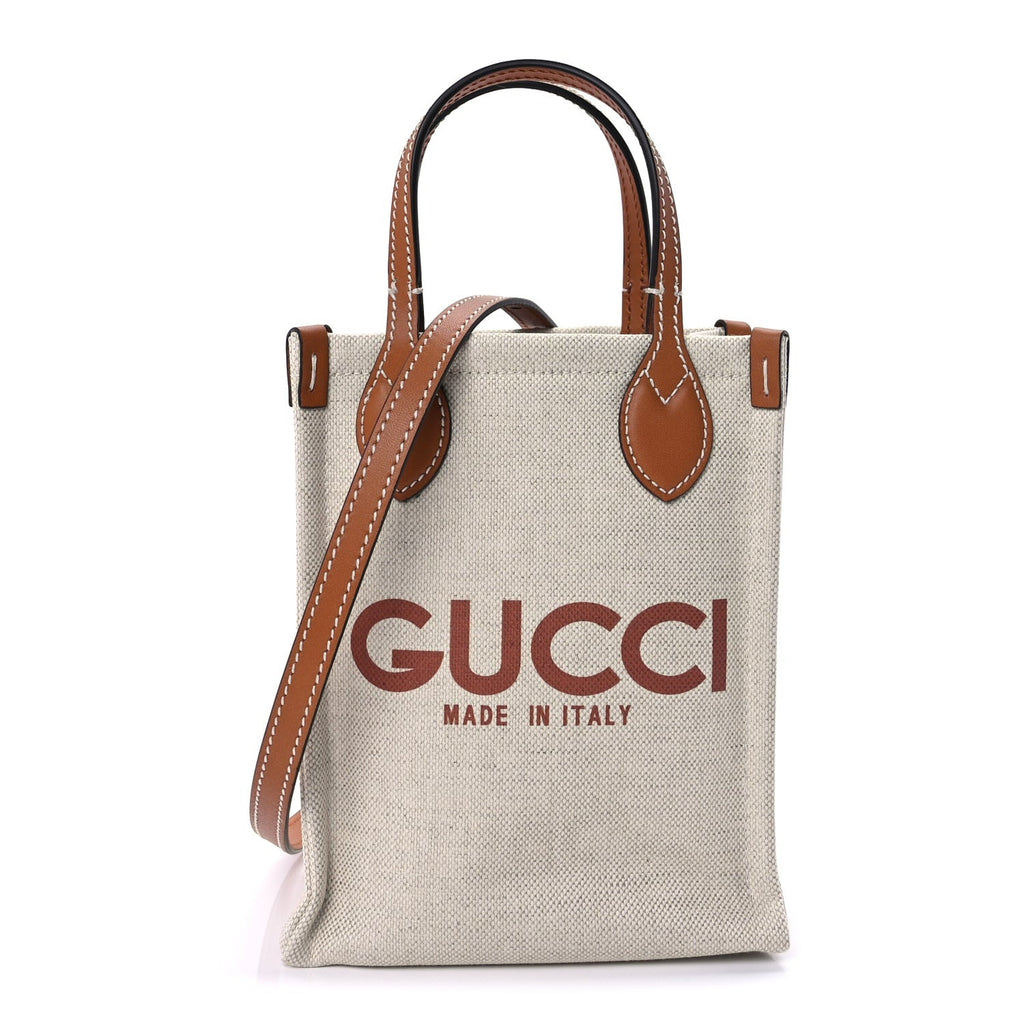 Gucci Canvas Calfskin Logo Mini Tote Bag Beige Light Brown Beige Light Brown