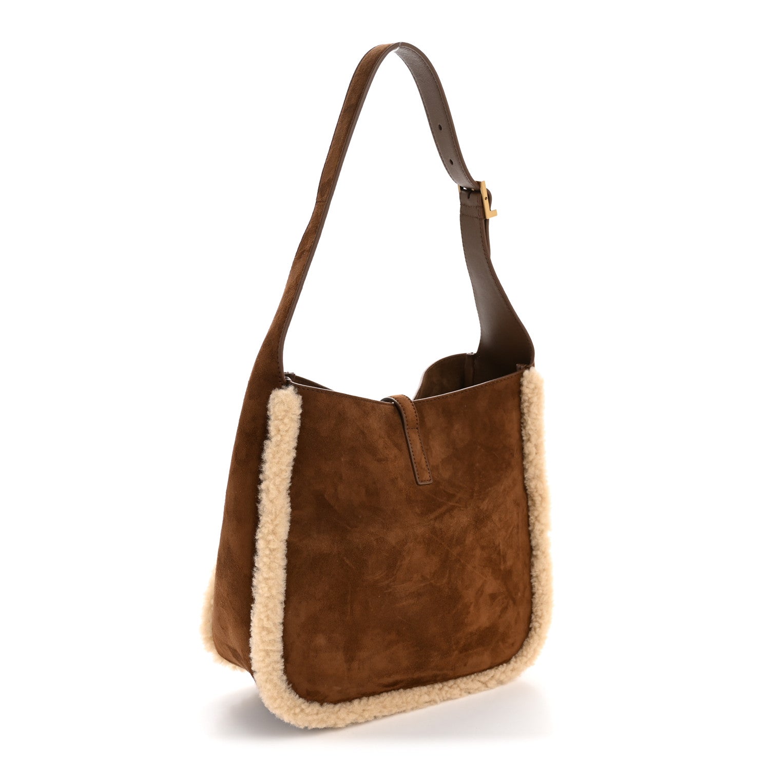 Saint Laurent Suede Shearling Small Le 5 A 7 Soft Hobo Dark Sigaro Natural Beige