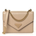 Prada Saffiano Soft Calfskin Metal Triangle Logo Envelope Chain Shoulder Bag Cammeo