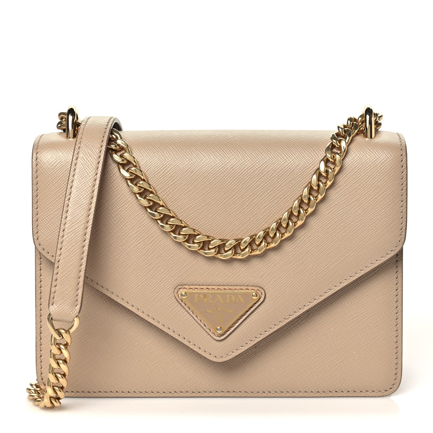 Prada Saffiano Soft Calfskin Metal Triangle Logo Envelope Chain Shoulder Bag Cammeo