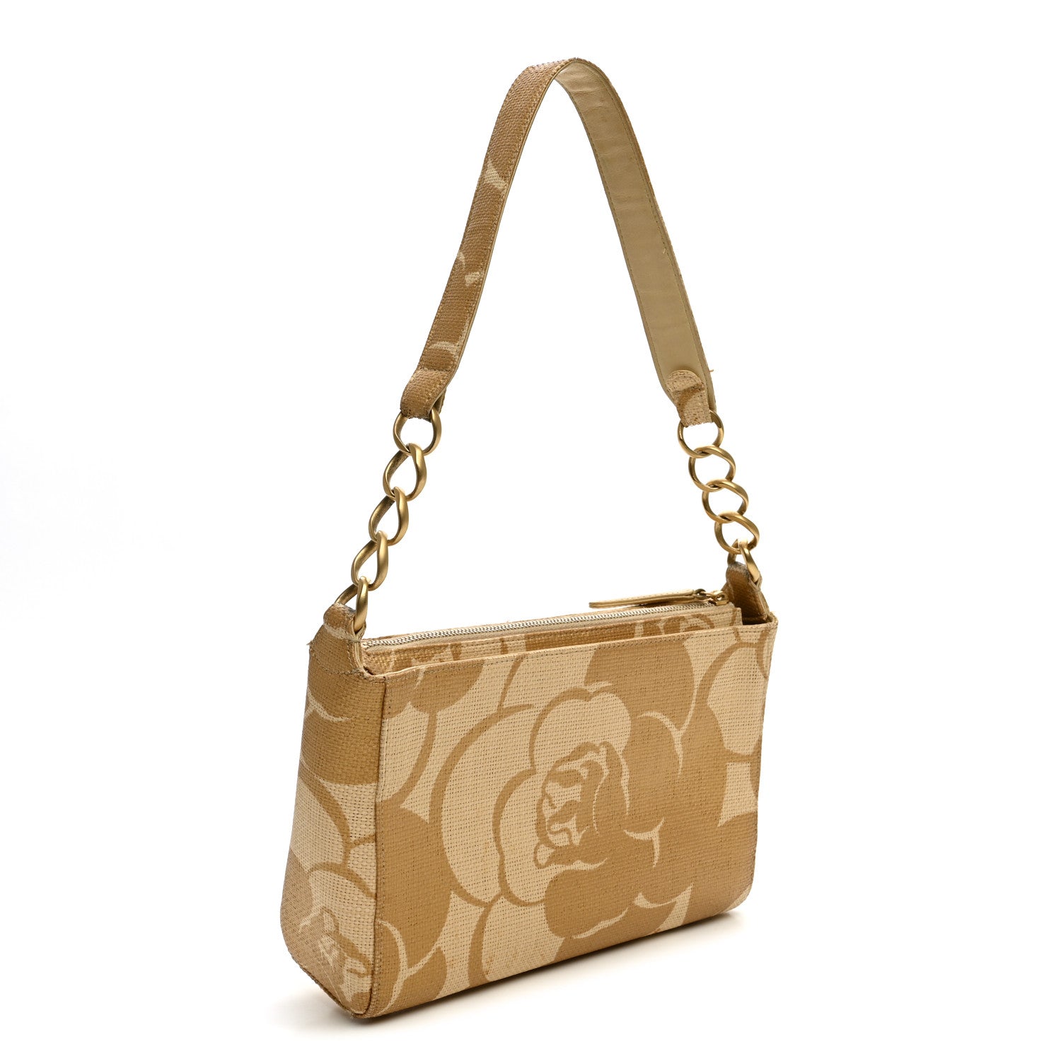 Chanel Woven Straw Camellia Print Shoulder Bag Gold
