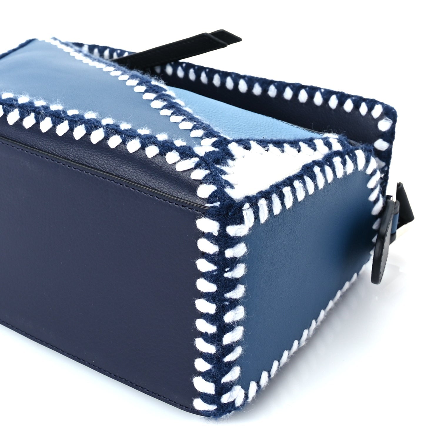 Loewe Calfskin Crochet Trim Small Puzzle Bag Blue White detail view