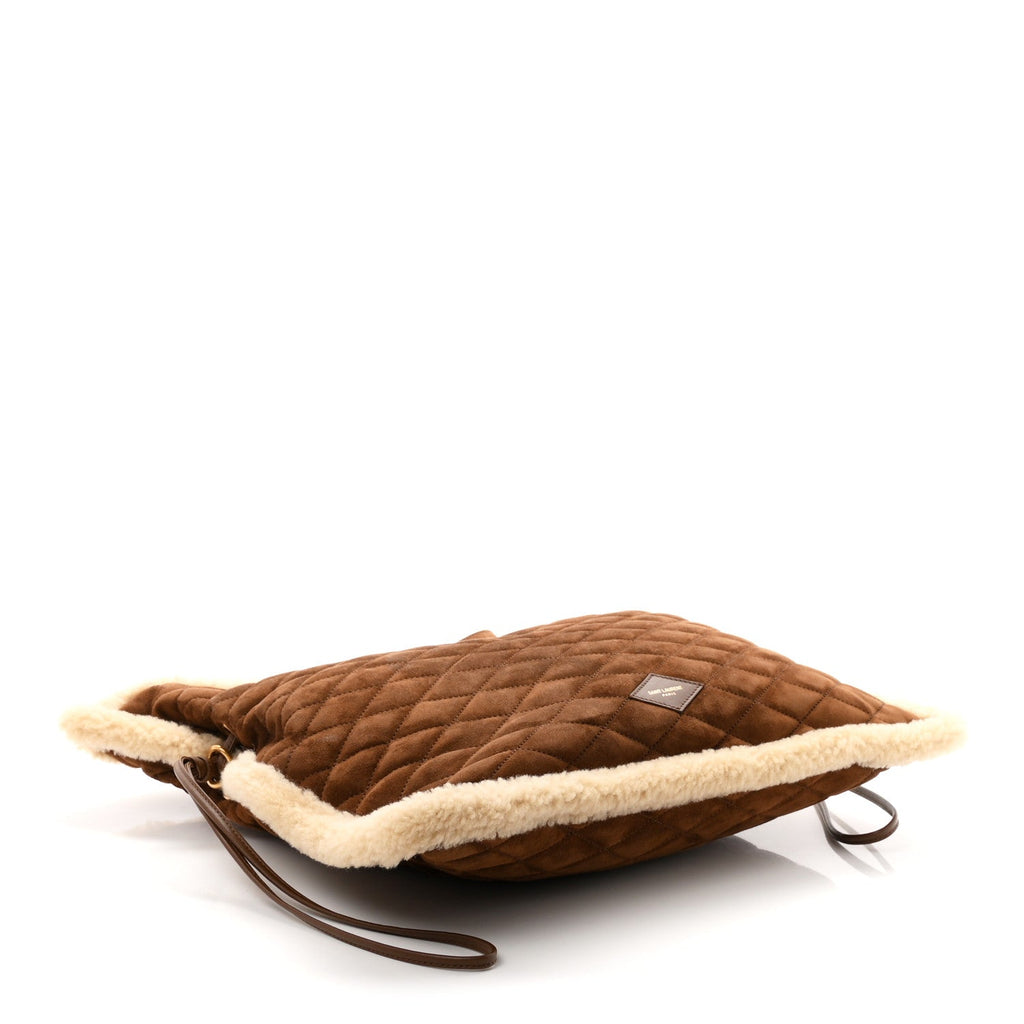 Saint Laurent Suede Shearling Quilted Le Pochon Dark Sigaro Natural Beige