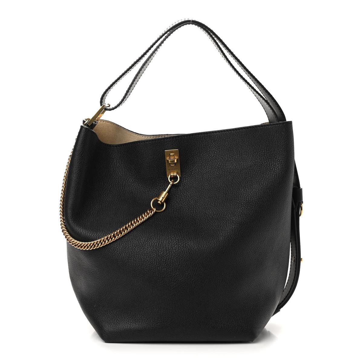 Givenchy GV bucket bag black grained calfskin with gold chain front view
