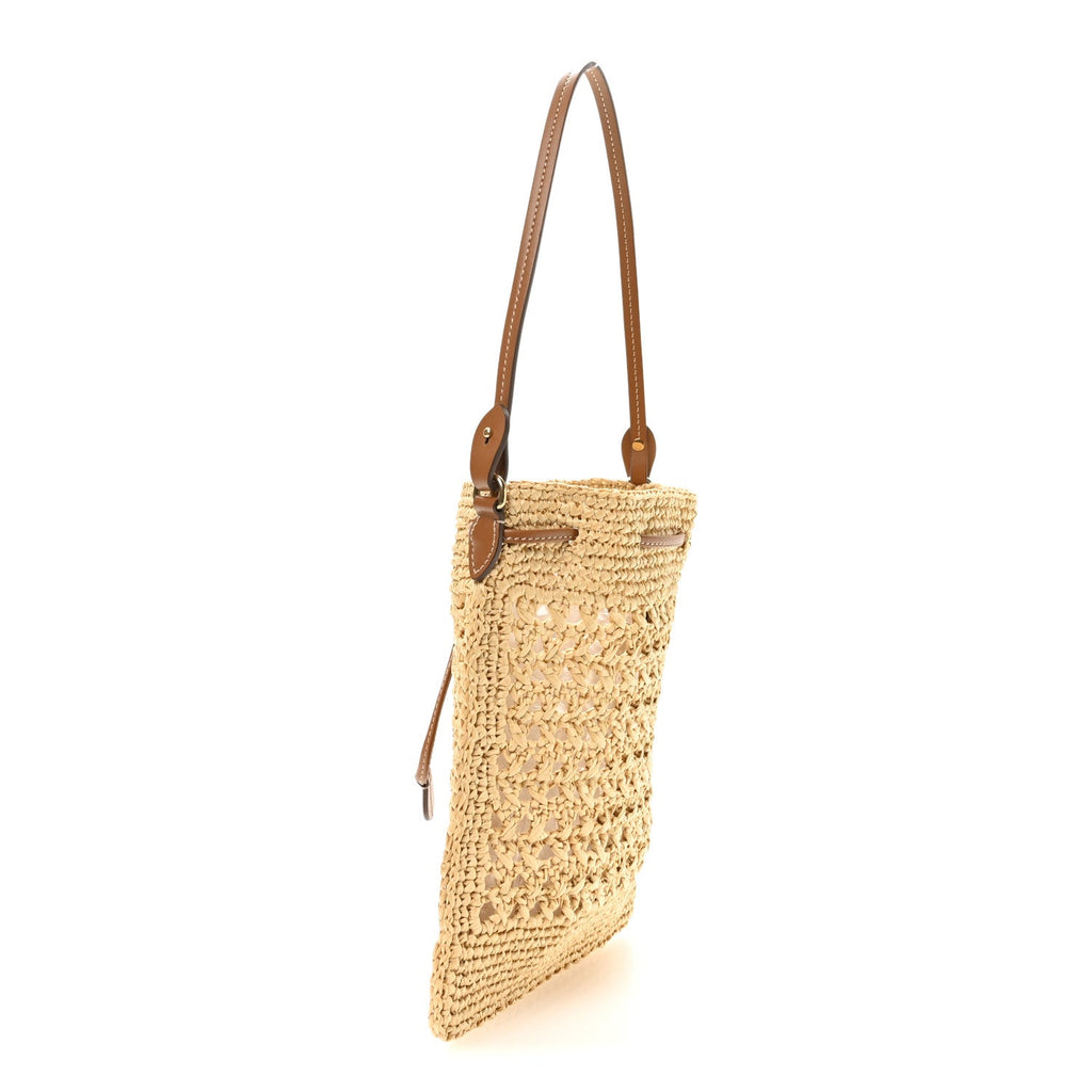 Miu Miu Raffia Crochet Drawstring Pouch Naturale Cognac