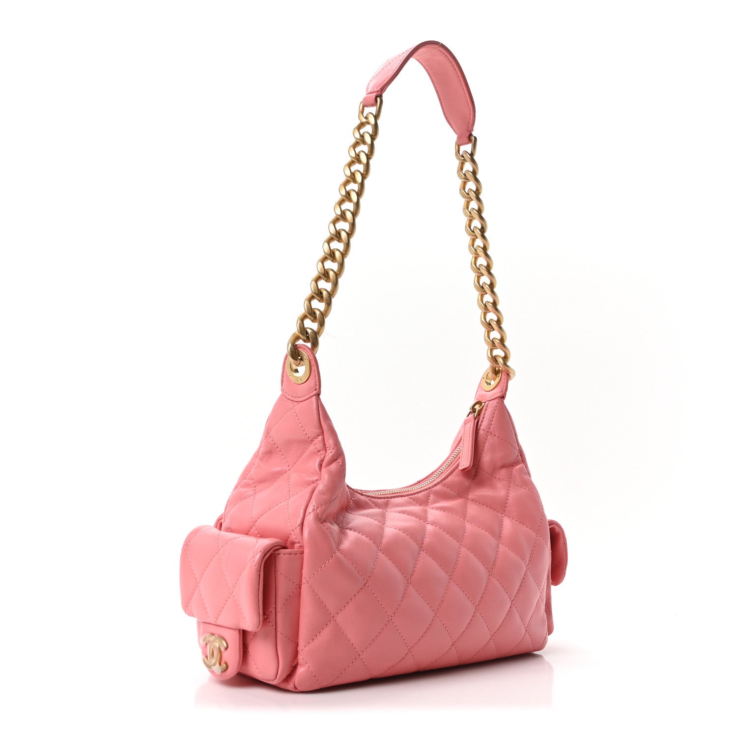 Chanel Shiny Lambskin Quilted Trendy Pockets Hobo Coral Pink