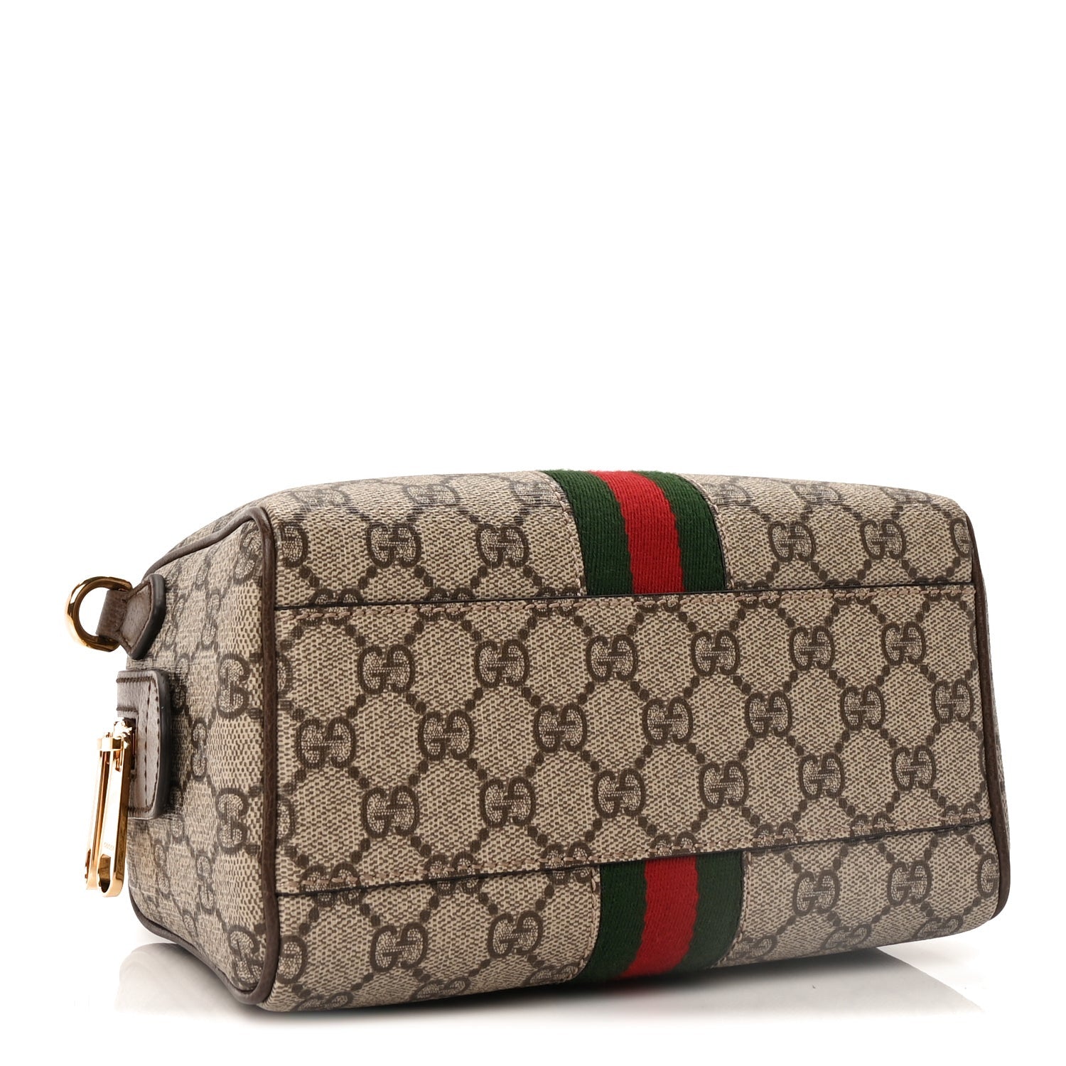 Gucci GG Supreme Monogram Textured Dollar Calfskin Web Mini Ophidia Top Handle Bag Beige Ebony New Acero