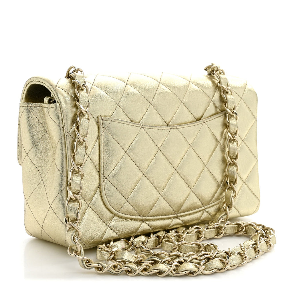 Chanel Metallic Lambskin Quilted Mini Rectangular Flap Gold