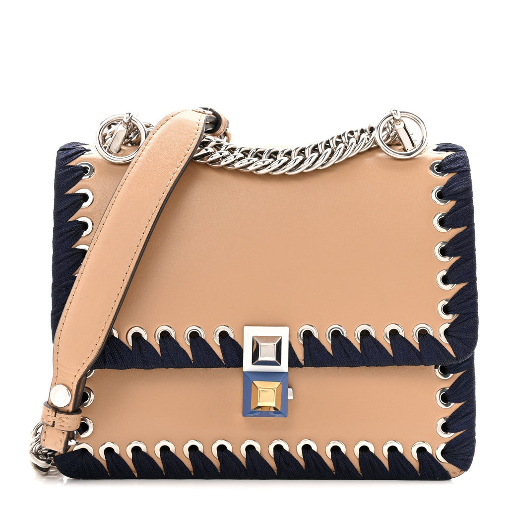 Fendi Vitello Liberty Lucido Ribbon Lace Up Studded Small Kan I Shoulder Bag Cuoio Navy