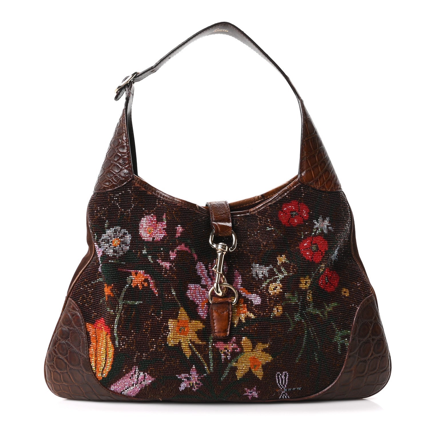Gucci Crocodile Suede Beaded Floral Jackie Hobo Bag Brown