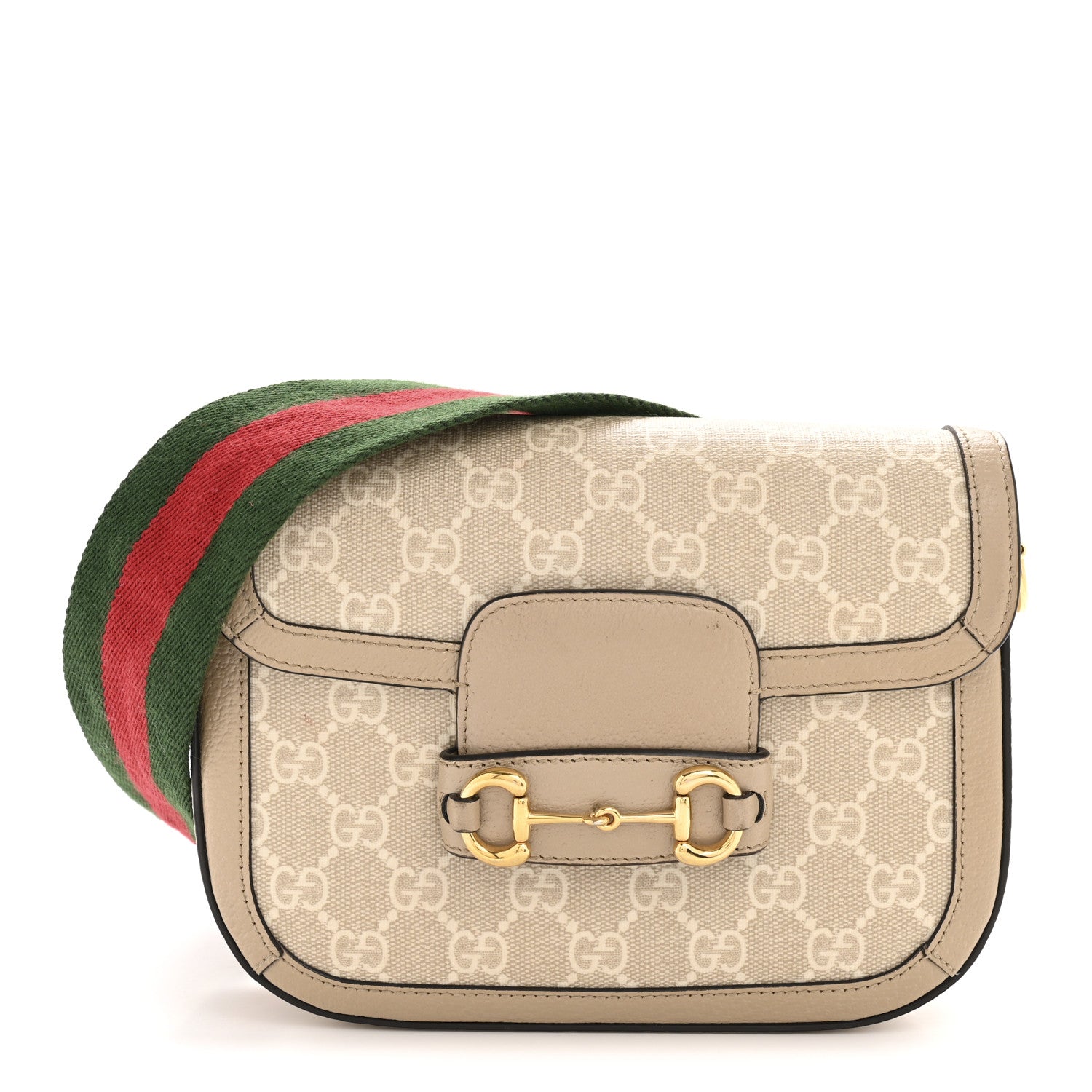 Gucci GG Supreme Monogram Textured Dollar Calfskin Web Mini Horsebit 1955 Shoulder Bag Beige Mystic White Oatmeal