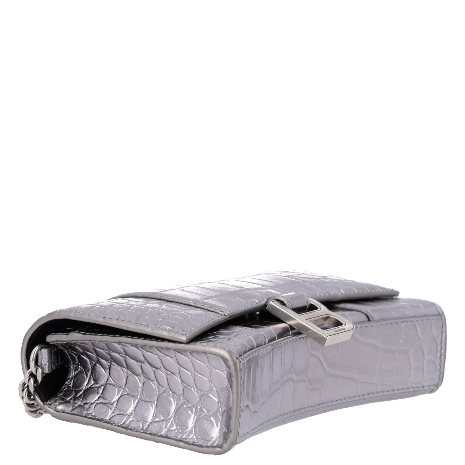 Balenciaga Metallic Calfskin Crocodile Embossed Hourglass Chain Bag Silver