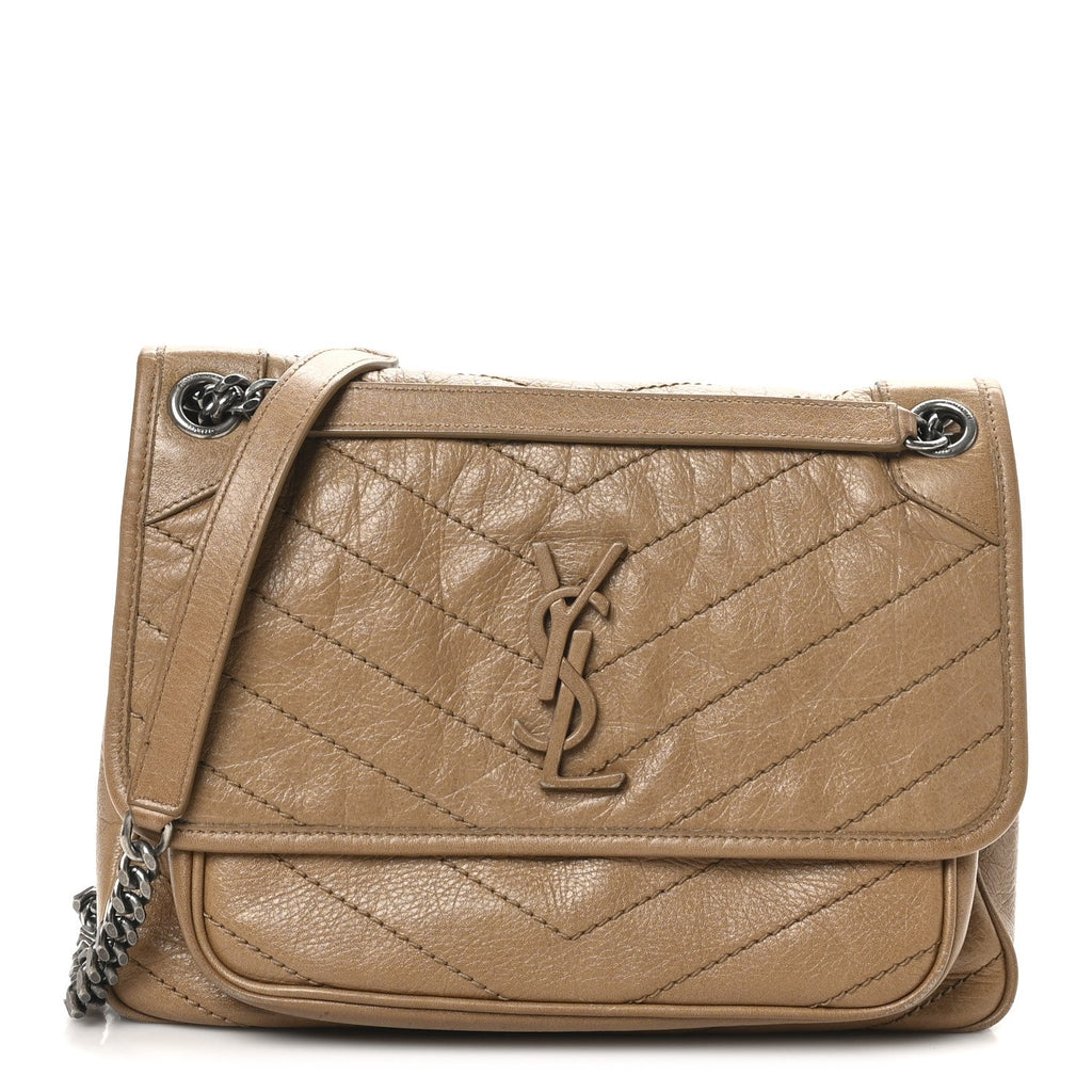 Saint Laurent Crinkled Calfskin Matelasse Monogram Medium Niki Chain Satchel Caramel
