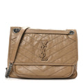 Saint Laurent Crinkled Calfskin Matelasse Monogram Medium Niki Chain Satchel Caramel
