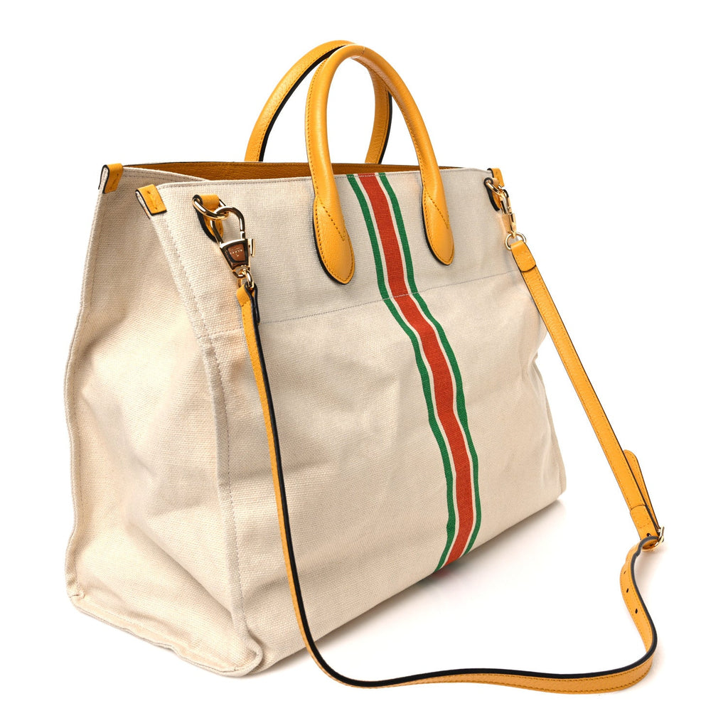 Gucci Linen Heavy Canvas Textured Dollar Calfskin Web Large Retro Interlocking G Foldable Tote Light Beige