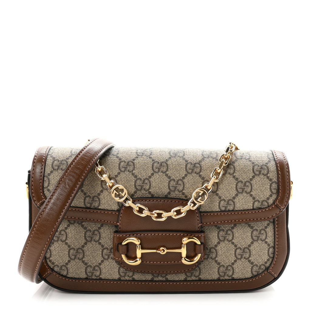Gucci GG Supreme Monogram Small Horsebit 1955 Chain Shoulder Bag Beige Ebony Brown Sugar