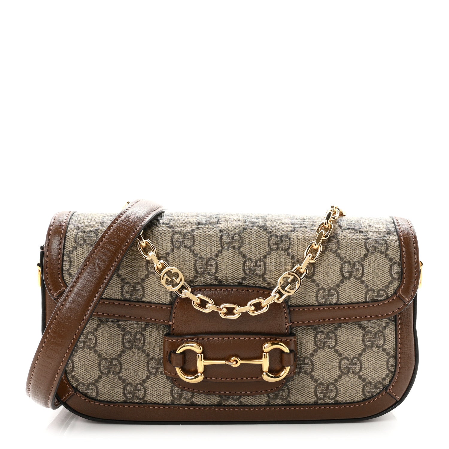 Gucci GG Supreme Monogram Small Horsebit 1955 Chain Shoulder Bag Beige Ebony Brown Sugar