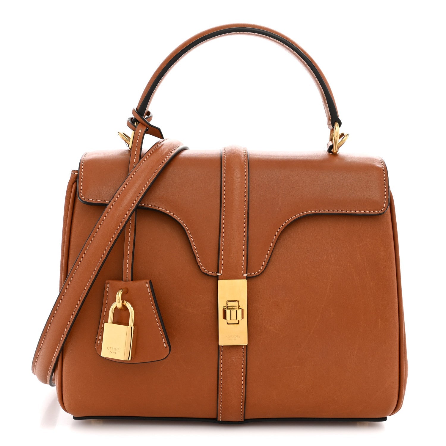 Celine Satinated Calfskin Small 16 Top Handle Bag Tan