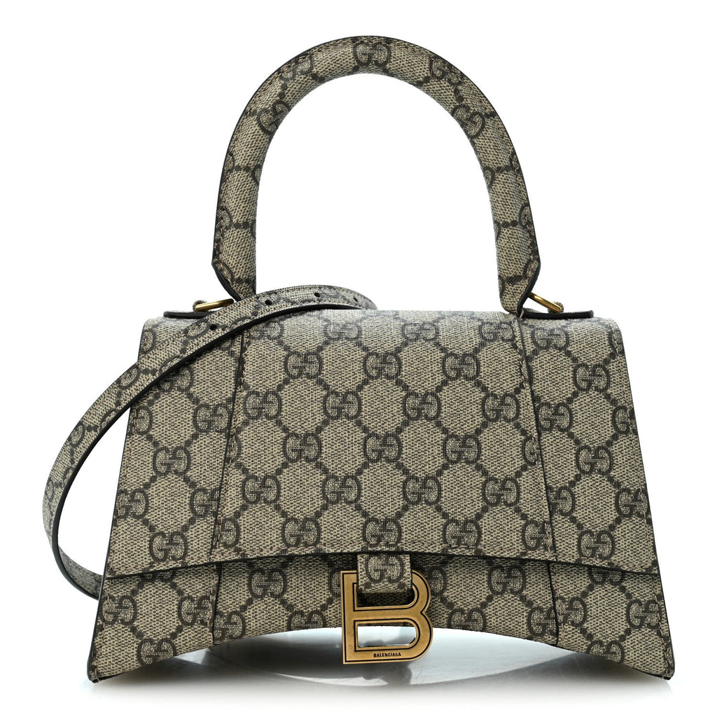 Balenciaga X Gucci Small Hourglass Top Handle Bag Beige Ebony front view