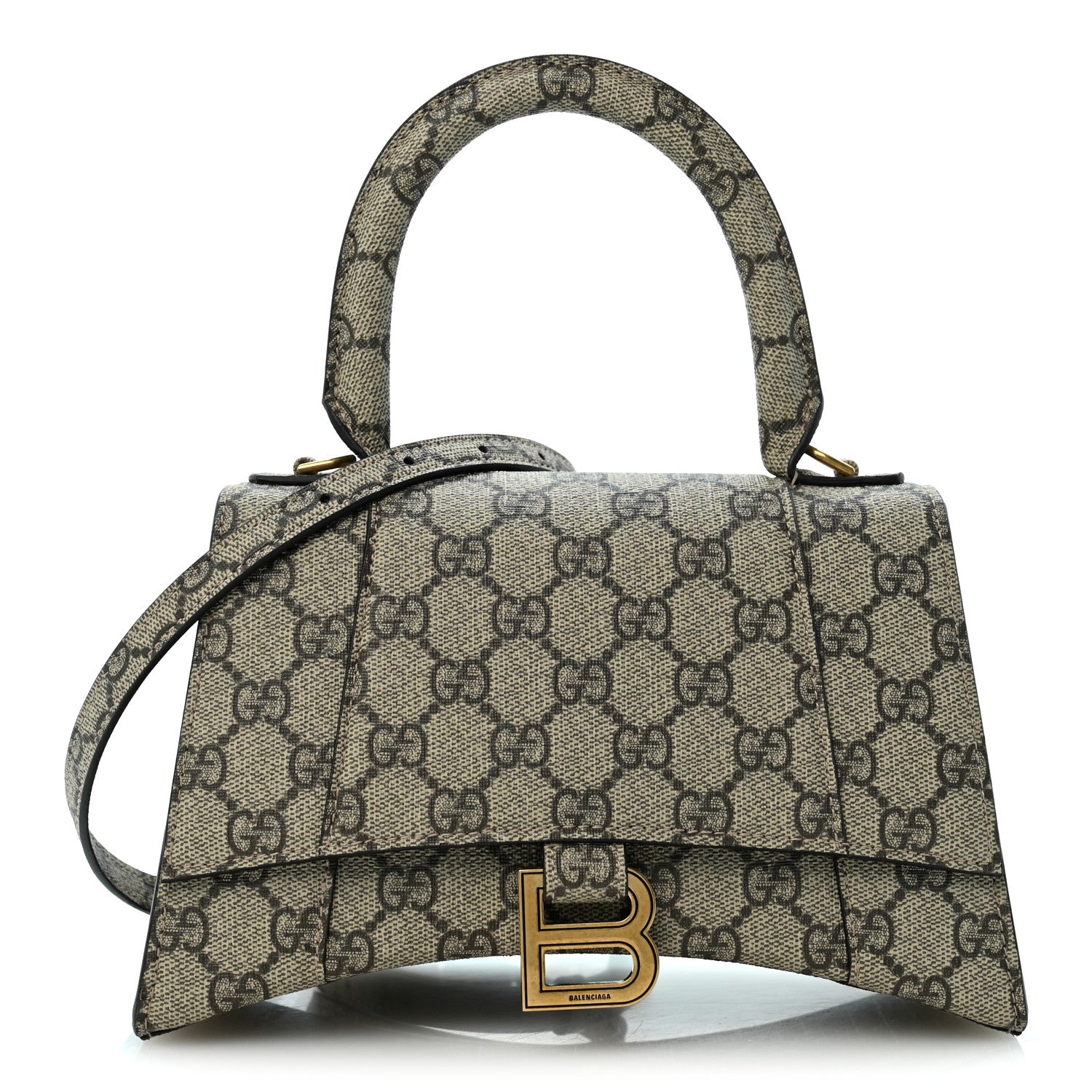 Balenciaga X Gucci Small Hourglass Top Handle Bag Beige Ebony front view