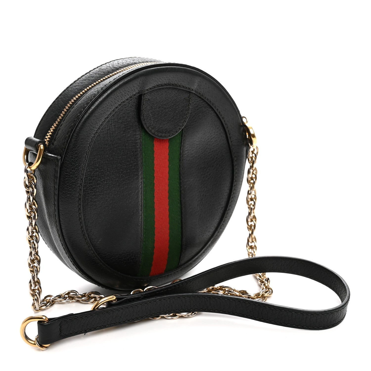 Gucci Grained Calfskin Web Mini Ophidia Round Shoulder Bag Black