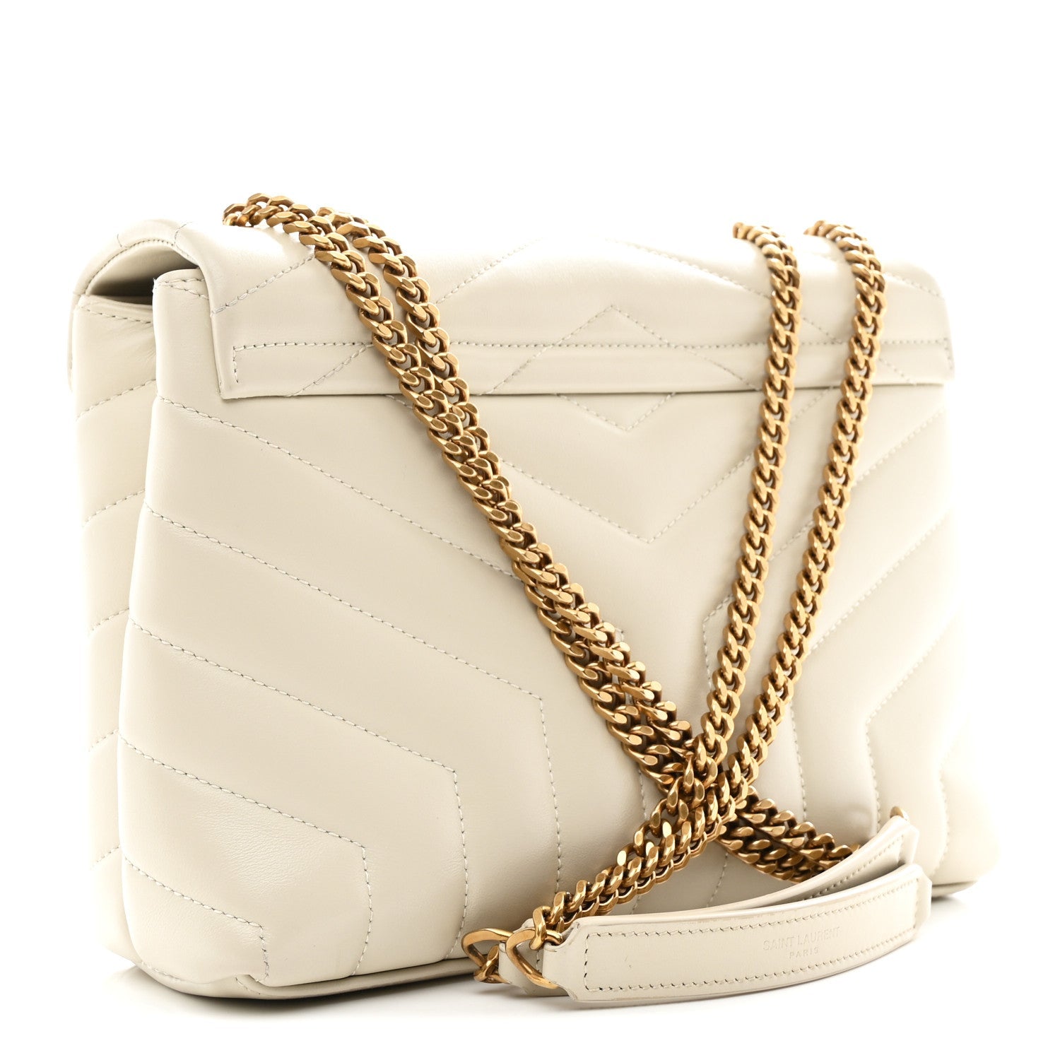 3/4 back view — Saint Laurent Loulou Small Chain Bag in ivory matelassé quilted calfskin with aged gold-tone chain strap