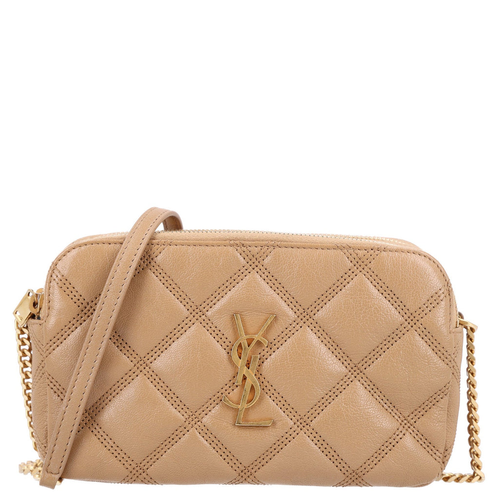 Saint Laurent Grained Lambskin Quilted Mini Becky Double Zip Bag Dark Beige