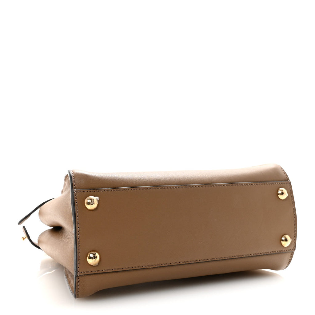 Fendi Vitello Seta Fabric Jacquard FF 1974 Mini Peekaboo Iconic Satchel Sand Tobacco Moro