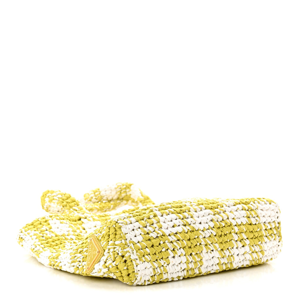 Prada Yarn Raffia Effect Crochet Embroidered Small Logo Tote Citron Yellow