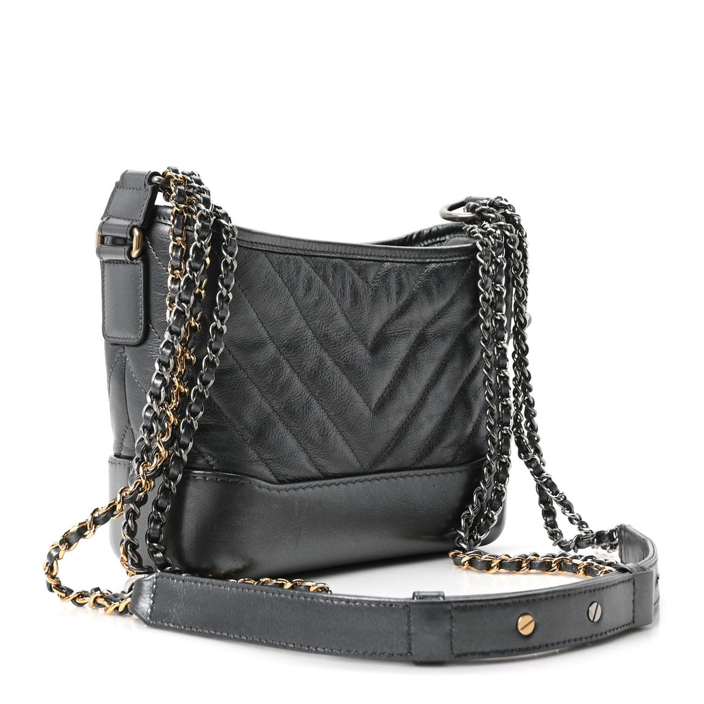 Chanel Metallic Aged Calfskin Chevron Quilted Small Gabrielle Hobo Dark Grey