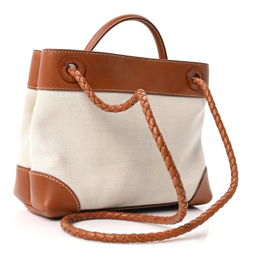 Bottega Veneta Washed Canvas Calfskin Small Andiamo Shoulder Bag Natural Light Wood