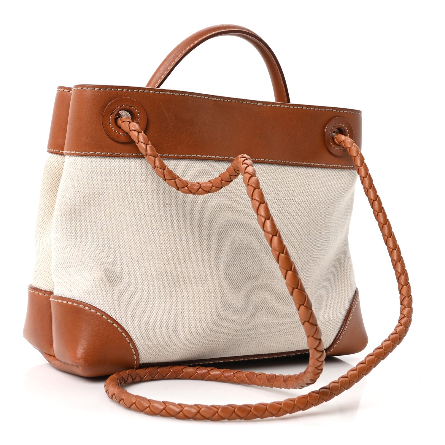 Bottega Veneta Washed Canvas Calfskin Small Andiamo Shoulder Bag Natural Light Wood