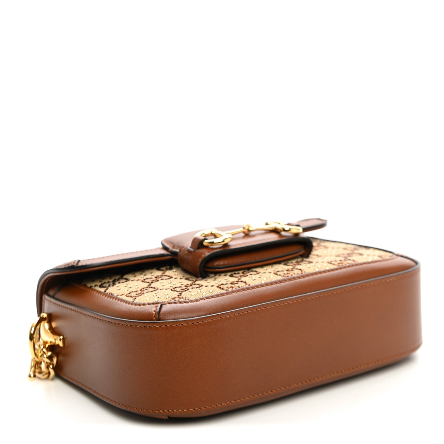 Gucci New Canvas Charisma Calfskin Crystal GG Monogram Mini Horsebit 1955 Shoulder Bag Camel Ebony