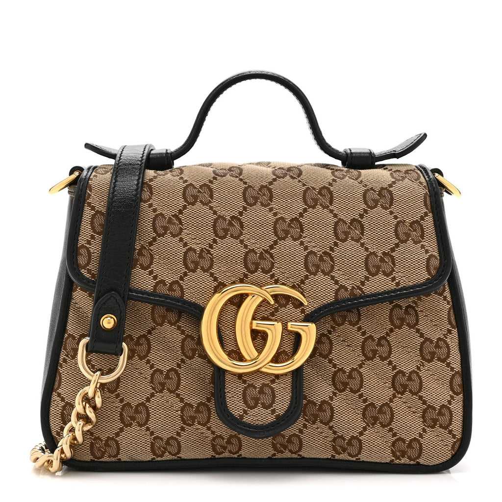 Gucci Monogram Azalea Calfskin Matelasse Diagonal Mini GG Marmont Top Handle Shoulder Bag Beige Ebony Black