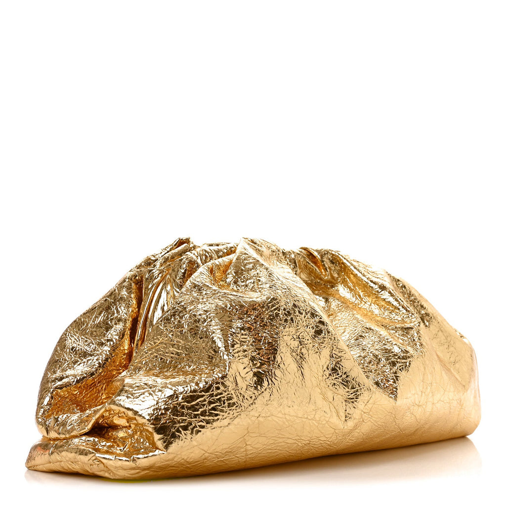Bottega Veneta Metallic Crinkled Lambskin The Pouch Oversized Clutch Oro