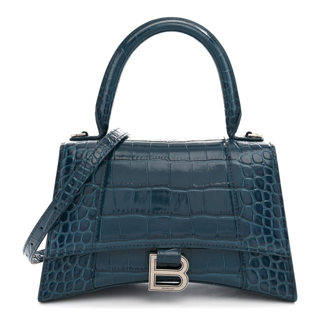 Balenciaga Shiny Calfskin Crocodile Embossed Small Hourglass Top Handle Bag Dark Petrol Blue