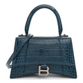 Balenciaga Shiny Calfskin Crocodile Embossed Small Hourglass Top Handle Bag Dark Petrol Blue