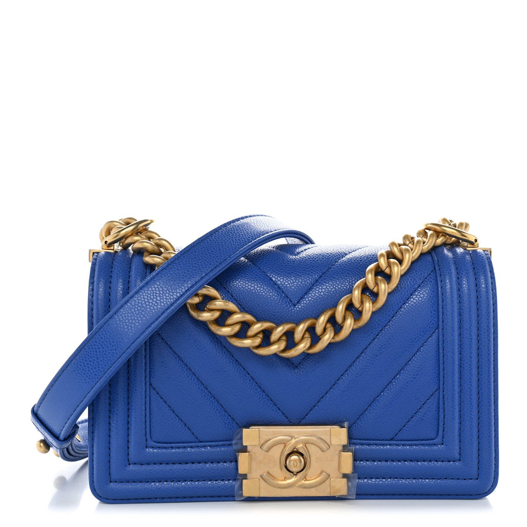 Chanel Caviar Chevron Quilted Small Boy Flap Blue