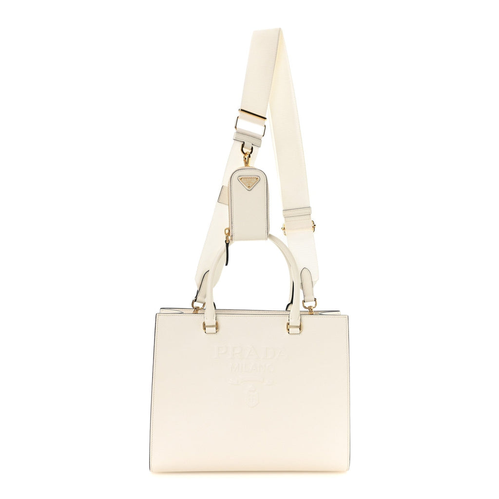 Prada Saffiano Lux Medium Shoulder Tote White front view