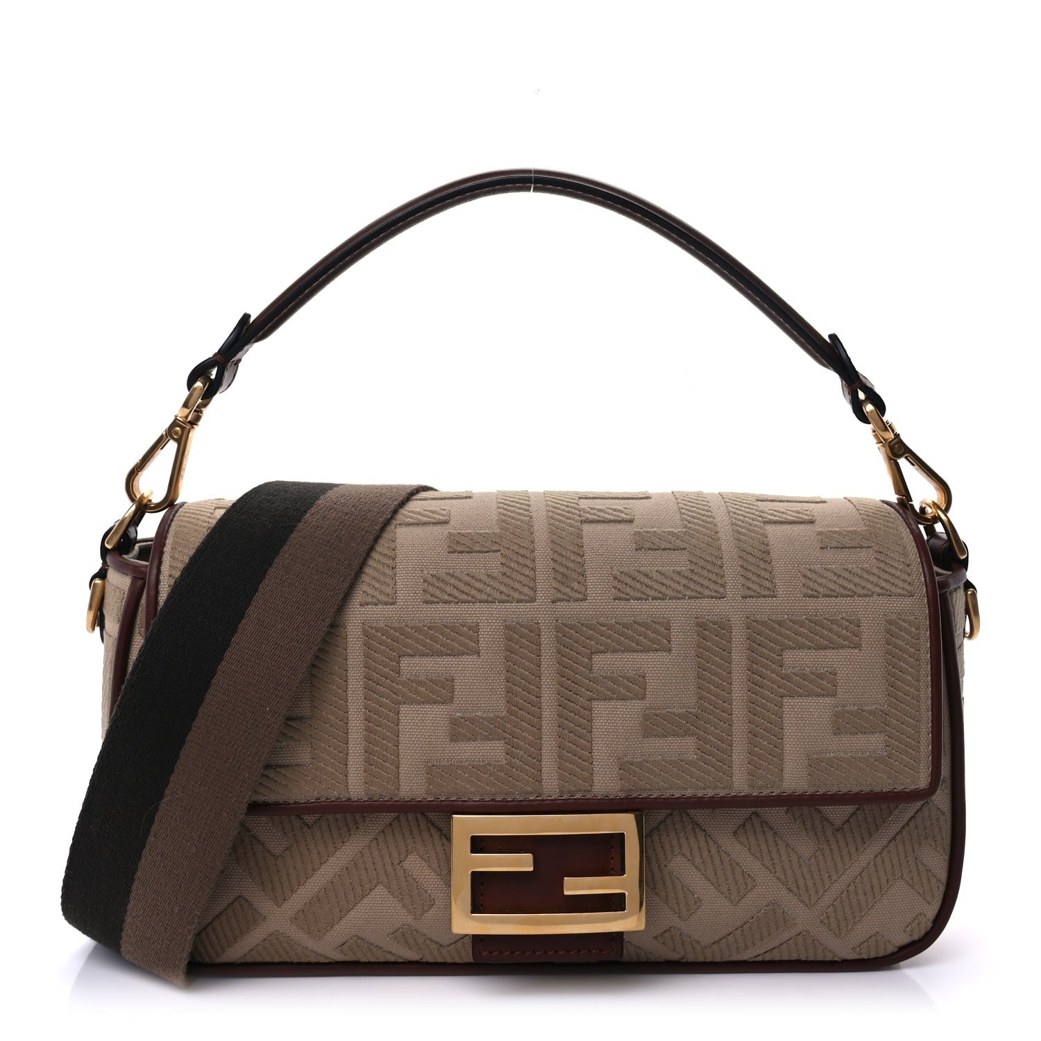 Fendi Sardinian Jacquard Vitello King FF 1974 Embroidered Baguette Sand Ghianda