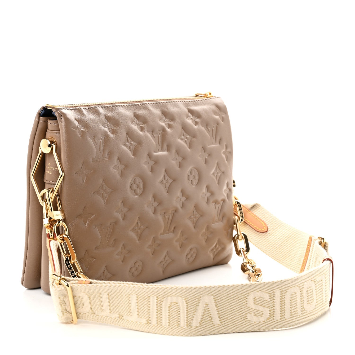 Louis Vuitton Lambskin Embossed Monogram Coussin PM Taupe