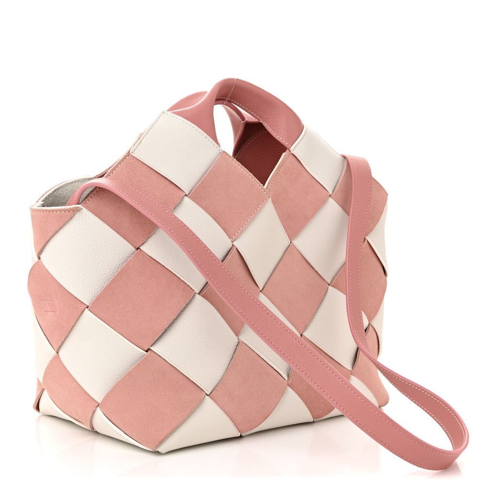 Loewe Calfskin Suede Gingham Woven Basket Bag Soft Pink White